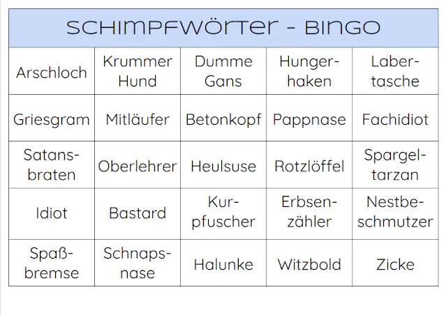 Schimpfwörter Bingo