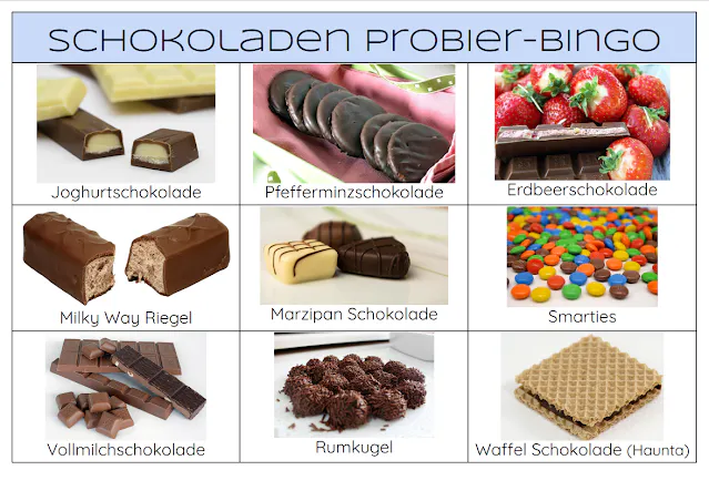 PDF Datei mit Schokoladen Probier-Bingo zum Ausdrucken