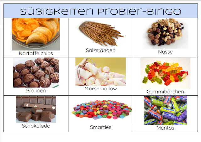 PDF Datei mit Süßigkeiten Probier-Bingo zum Ausdrucken