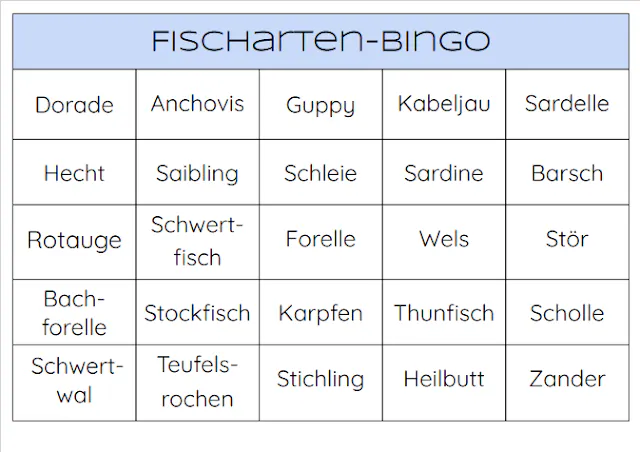 Fischarten Bingo