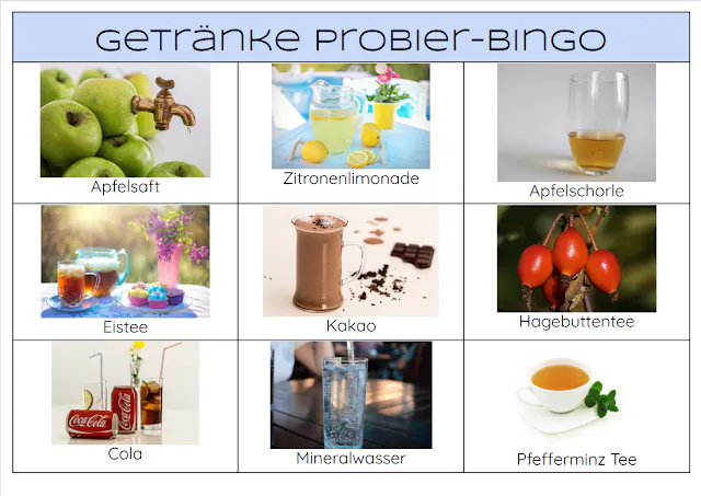 PDF Datei mit Getränke Probier-Bingo zum Ausdrucken