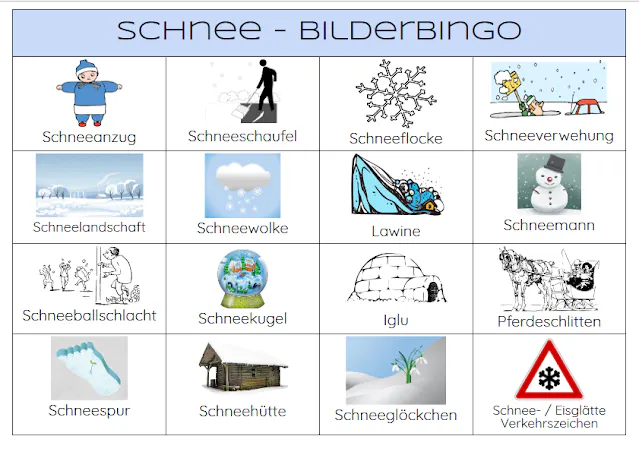 PDF Datei Arbeitsblatt zum Ausdrucken: Schnee - Bilderbingo