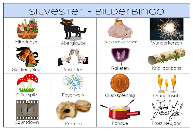 PDF Datei mit Silvester Bilderbingo zum Ausdrucken