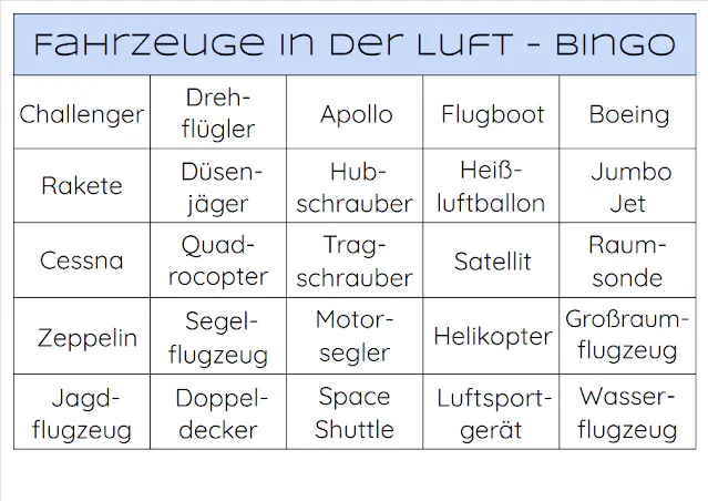 Fahrzeuge in der Luft Bingo