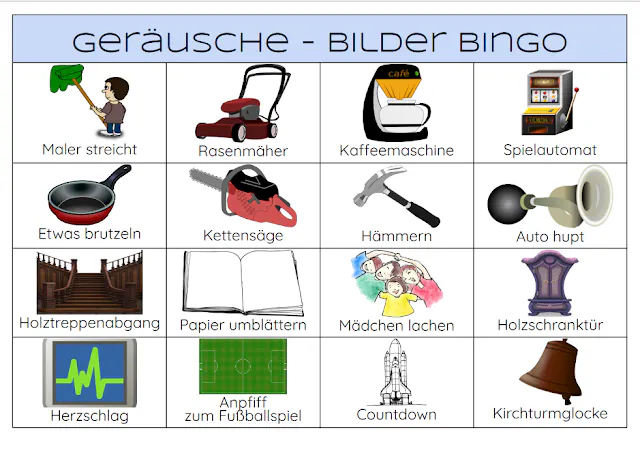 Geräusche - Bilder Bingo (2) in PDF Datei zum Ausdrucken