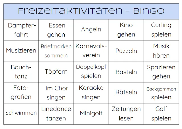 Freizeitaktivitäten Bingo