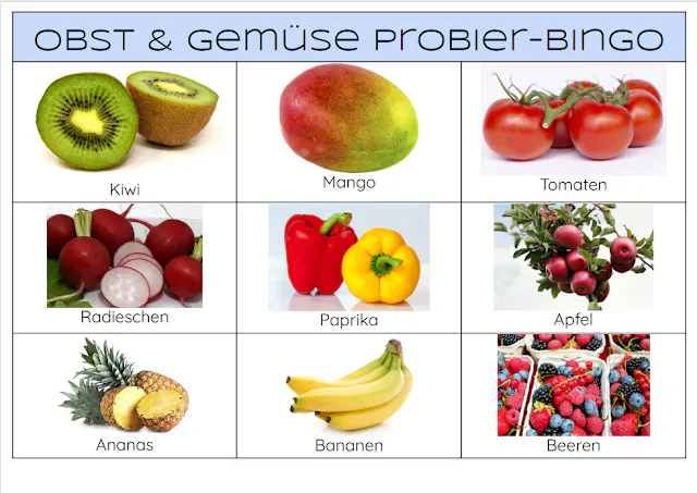PDF Datei mit Obst & Gemüse Probier-Bingo zum Ausdrucken