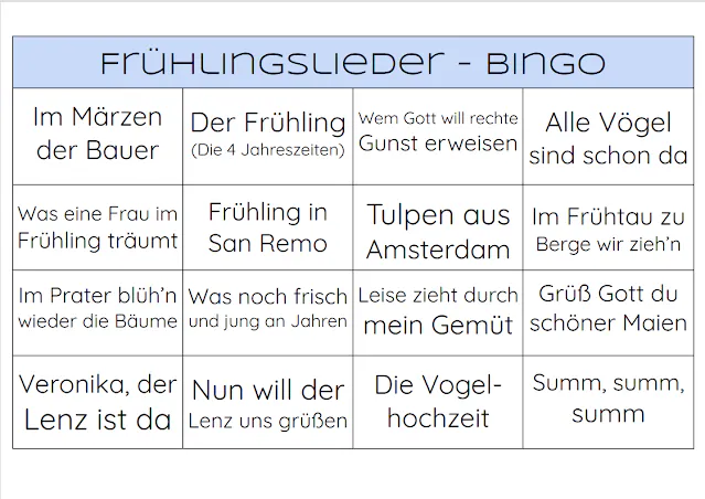 PDF Datei mit Frühlingslieder - Bingo zum Ausdrucken