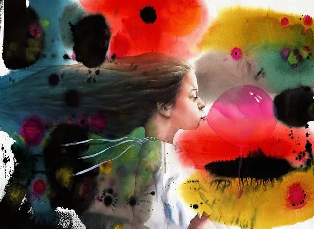Aquarell, Porträt eines Kindes hinter bunten Wasserfarbenklecksen. Sie bläst mit ihrem Mund eine Blase mit einem Kaugummi