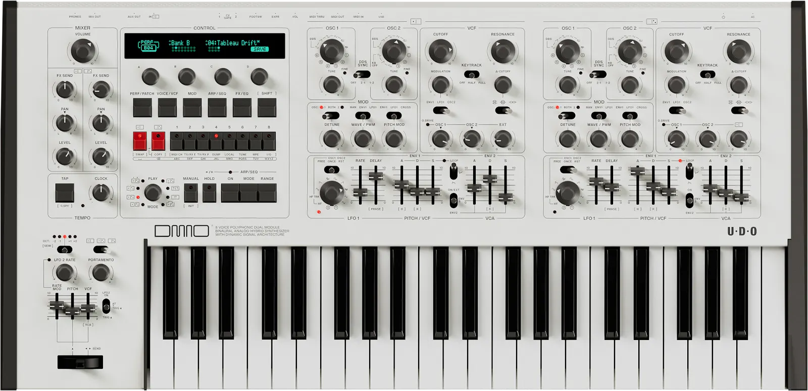 Alt-Text: UDO Audio DMNO - moderner 8-Voice Polyphonie Synthesizer mit Dynamic Multi-Core Stereo VCF System
