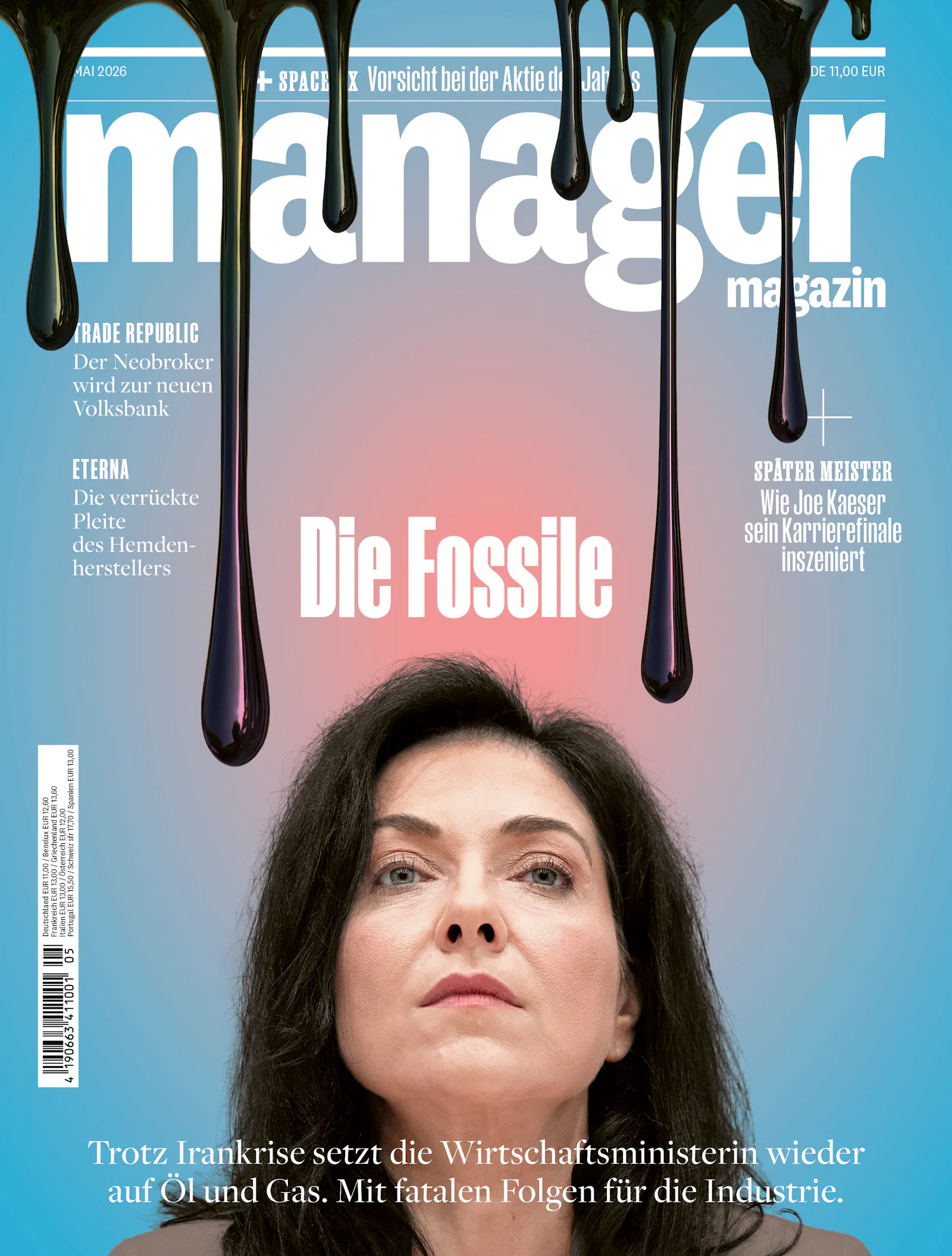 Ein Cover des Manager-Magazins zeigt Wirtschaftsministerin Reiche, Öl fließt das Bild herunter wie Blut.