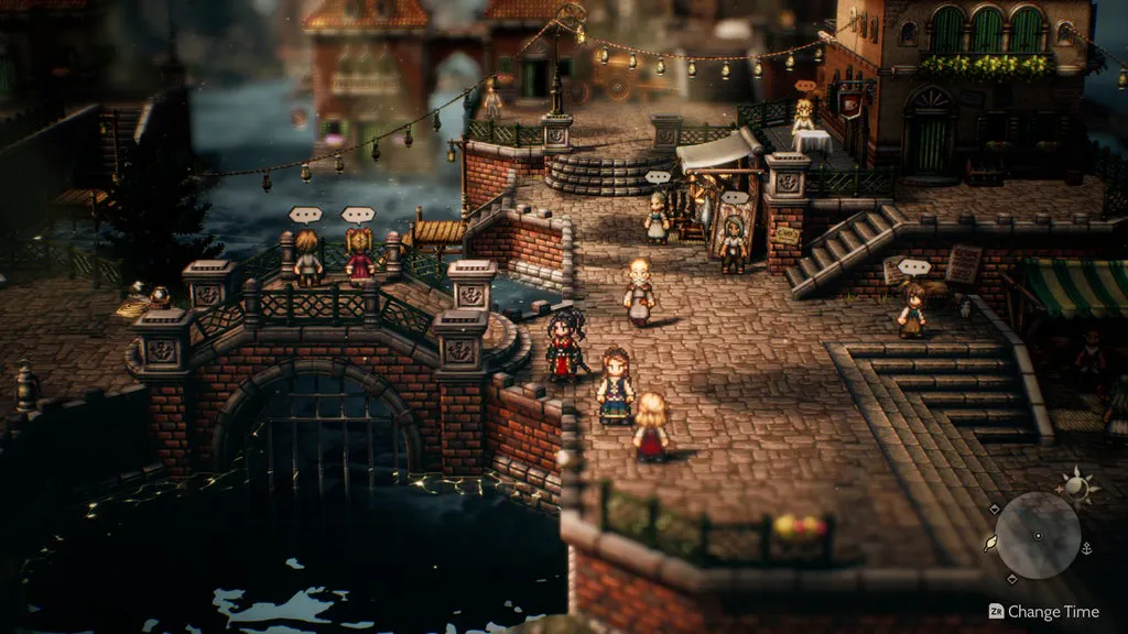Screenshot Octopath Traveller 2, kleine Figuren stehen in einer Pixelstadt