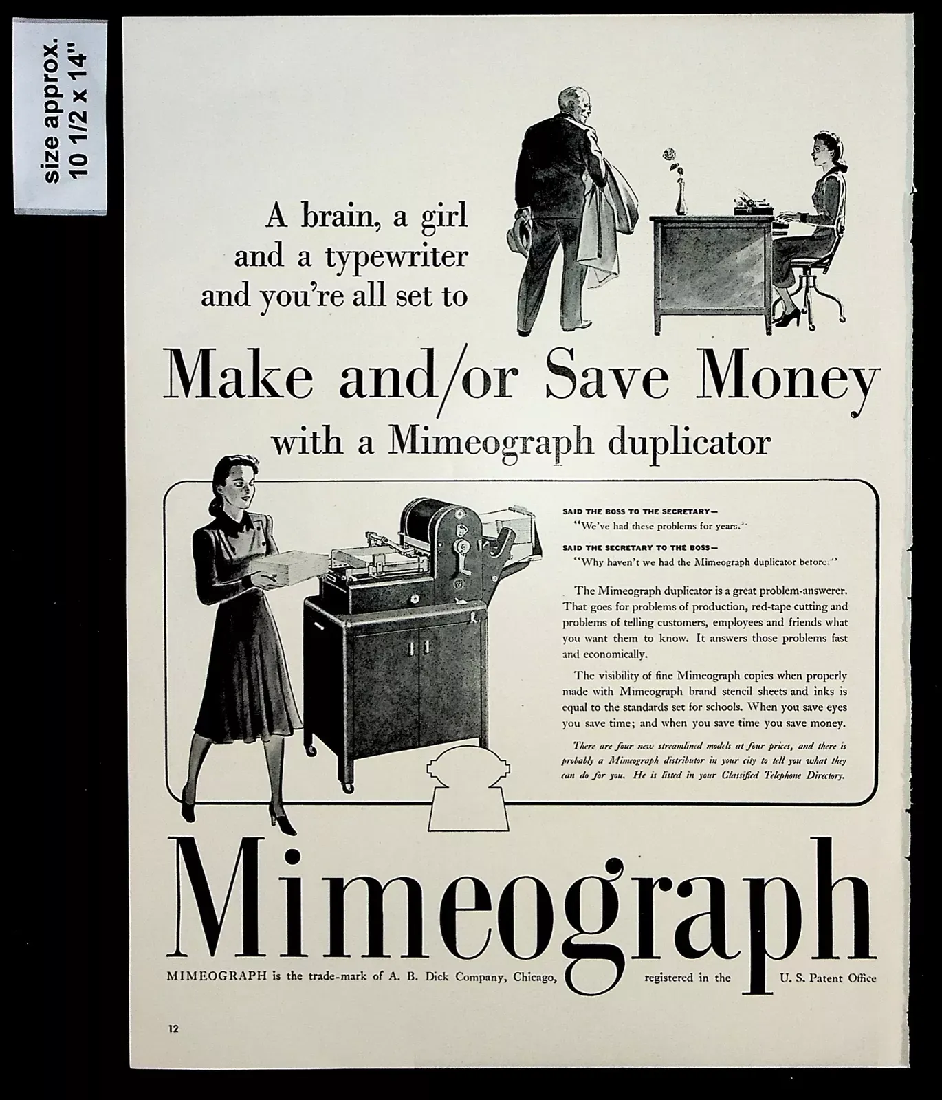 1940 Mimeograph Duplicator Office Copy Machine Brain Girl Vintage Print Ad 36127 - Picture 1 of 1