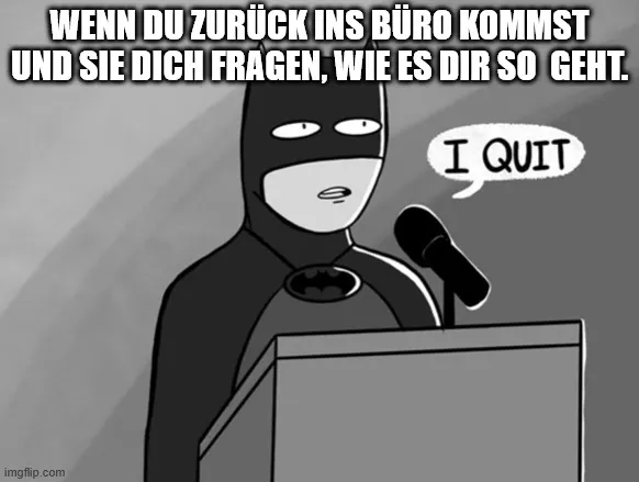 I Quit | WENN DU ZURÜCK INS BÜRO KOMMST UND SIE DICH FRAGEN, WIE ES DIR SO GEHT. | image tagged in i quit | made w/ Imgflip meme maker