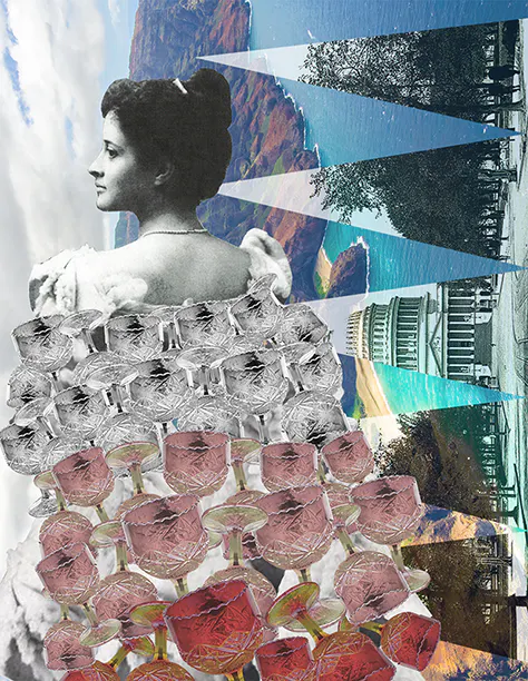 Eine Collage, eine Frau in schwarz weiß, bunte Kelche und ein blauer See