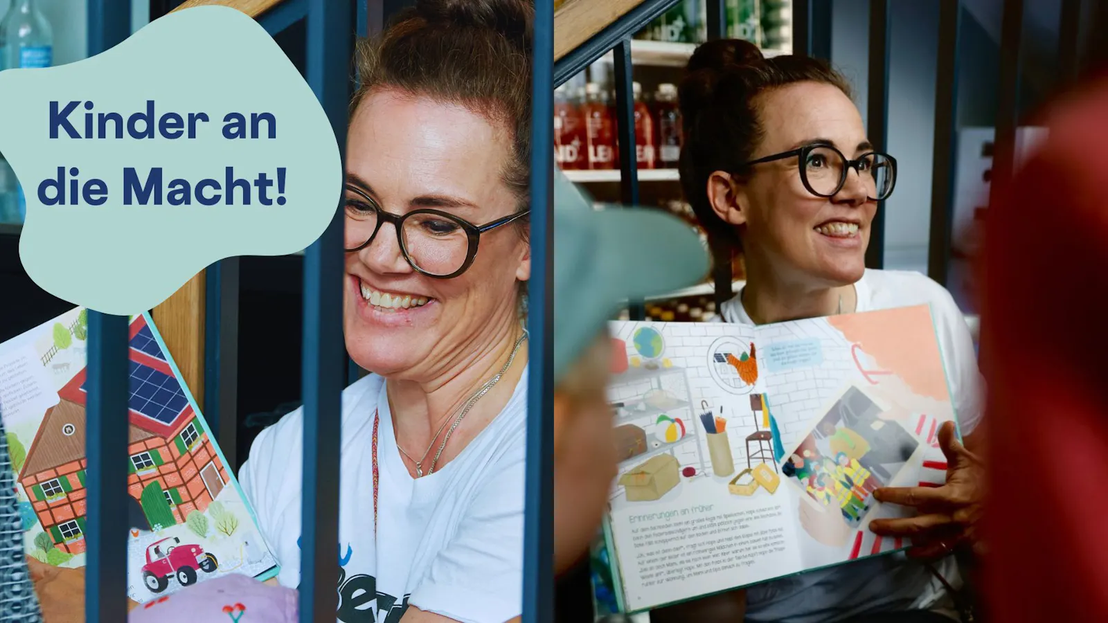 wei Fotos nebeneinander zeigen Katja Diehl bei einer Kinderbuchlesung. Auf dem linken Bild hält sie ein aufgeschlagenes Buch mit einer illustrierten Stadt- und Hausszene, während sie lächelnd durch ein Treppengeländer blickt. Auf dem rechten Bild zeigt sie eine bunte Buchseite mit einer Kindergartenszene und lacht das Publikum an. In der linken oberen Ecke steht in einer blauen Sprechblase: „Kinder an die Macht!“