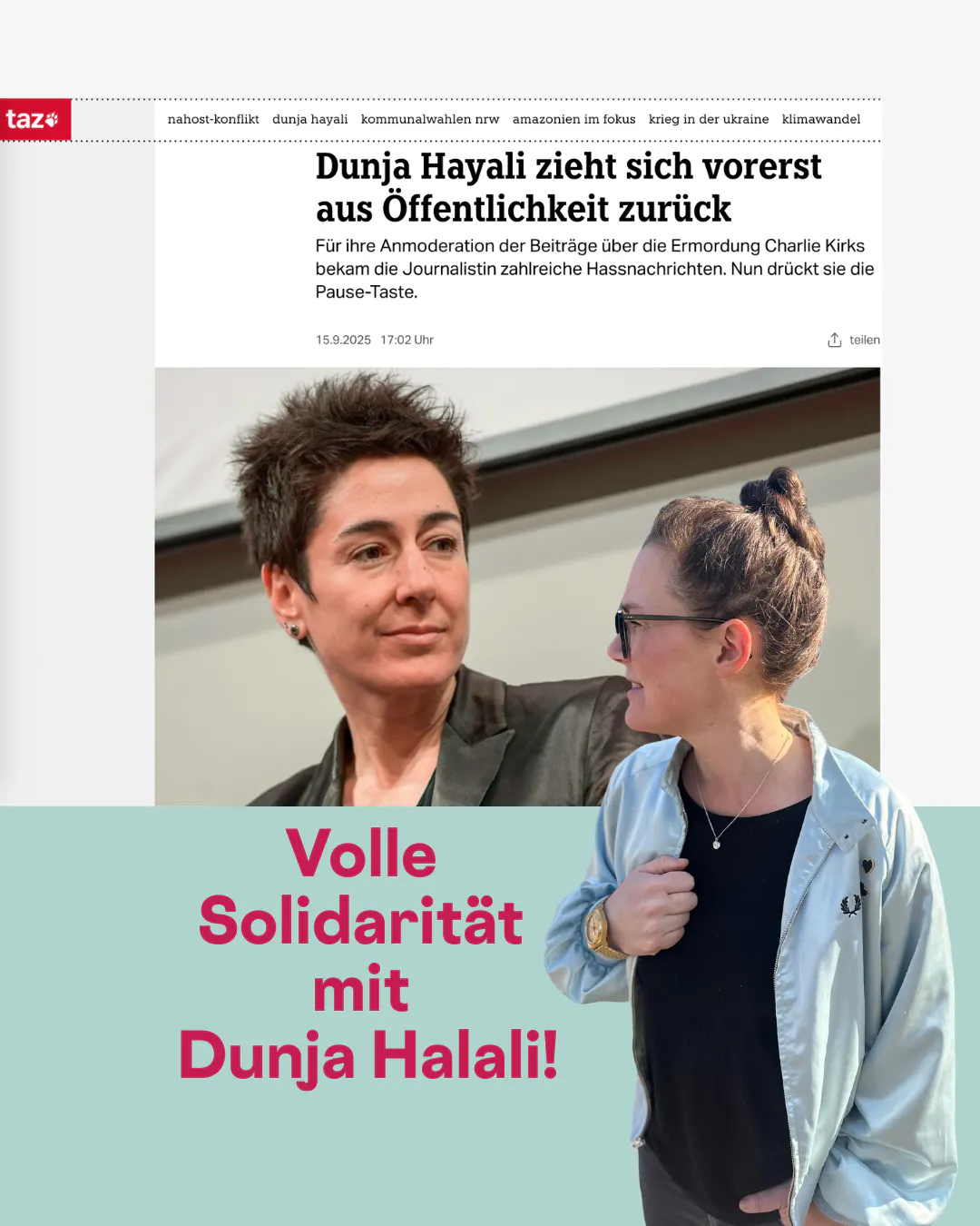 Sharepic mit einem Screenshot aus der taz, dass Dunja Halali die sozialen Medien verlassen hat.