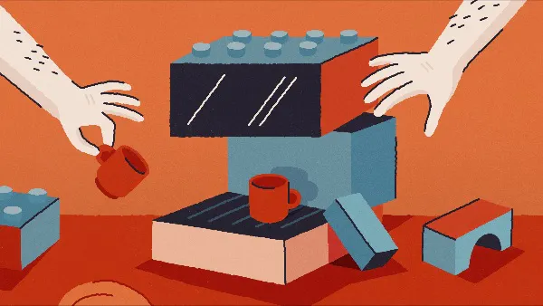 Das Bild zeigt eine stilisierte Illustration, die einen Kaffeevollautomaten in Form von LEGO-artigen Bausteinen darstellt. Zwei Hände greifen nach den Bausteinen und einem roten Becher, der symbolisch für Kaffee steht. Die Kombination aus Bausteinen und dem Automaten deutet darauf hin, dass Kaffeemaschinen für Männer oft eine spielerische Faszination haben und wie technisches "Spielzeug" wahrgenommen werden. Die Farbgebung in Orange, Blau und Rot verstärkt die kreative und humorvolle Darstellung.