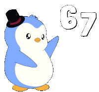 Ein animierter Pinguin im Comic-Stil macht die 6-7-Geste
