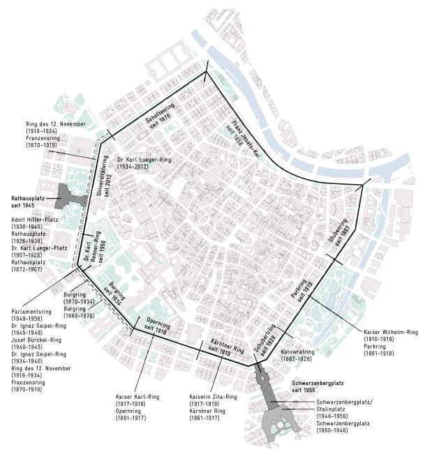 Kartenausschnitt der Ringstraße inklusive historischer Benennung der Abschnitte 1861-2026