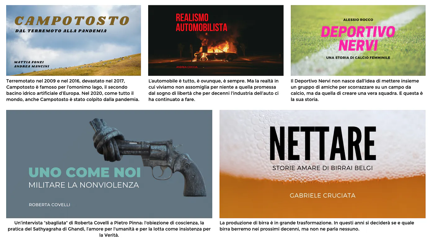 Eine Collage mit Titelbildern aktueller Slow-News-Serien zu Themen von der Bierproduktion bis hin zur Stadt Campotosto.