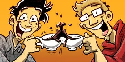 Das Bild zeigt eine Zeichnung, auf der die beiden Comic-Autoren Flix und Marvin Clifford mit Kaffee anstoßen.