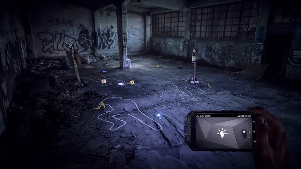 Screenshot aus Get Even, ein Smartphone beleuchtet einen Tatort, Tape markiert, wo die Leiche lag