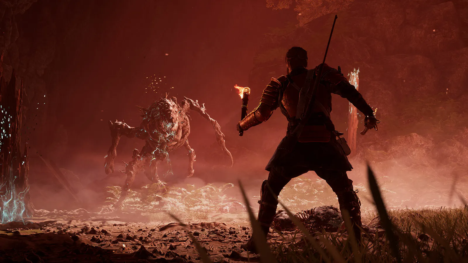 Screenshot Banishers, ein mann stellt sich einem Monster