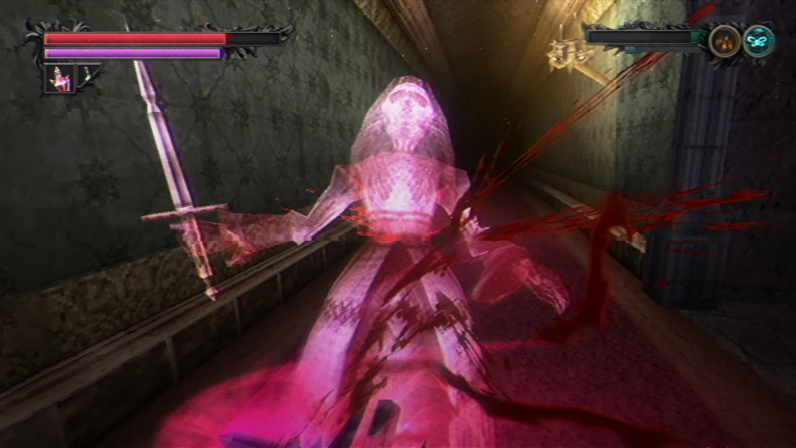 Screenshot eines Spiels, 3D Lunacid, eine Pixelbraut wird angegriffen
