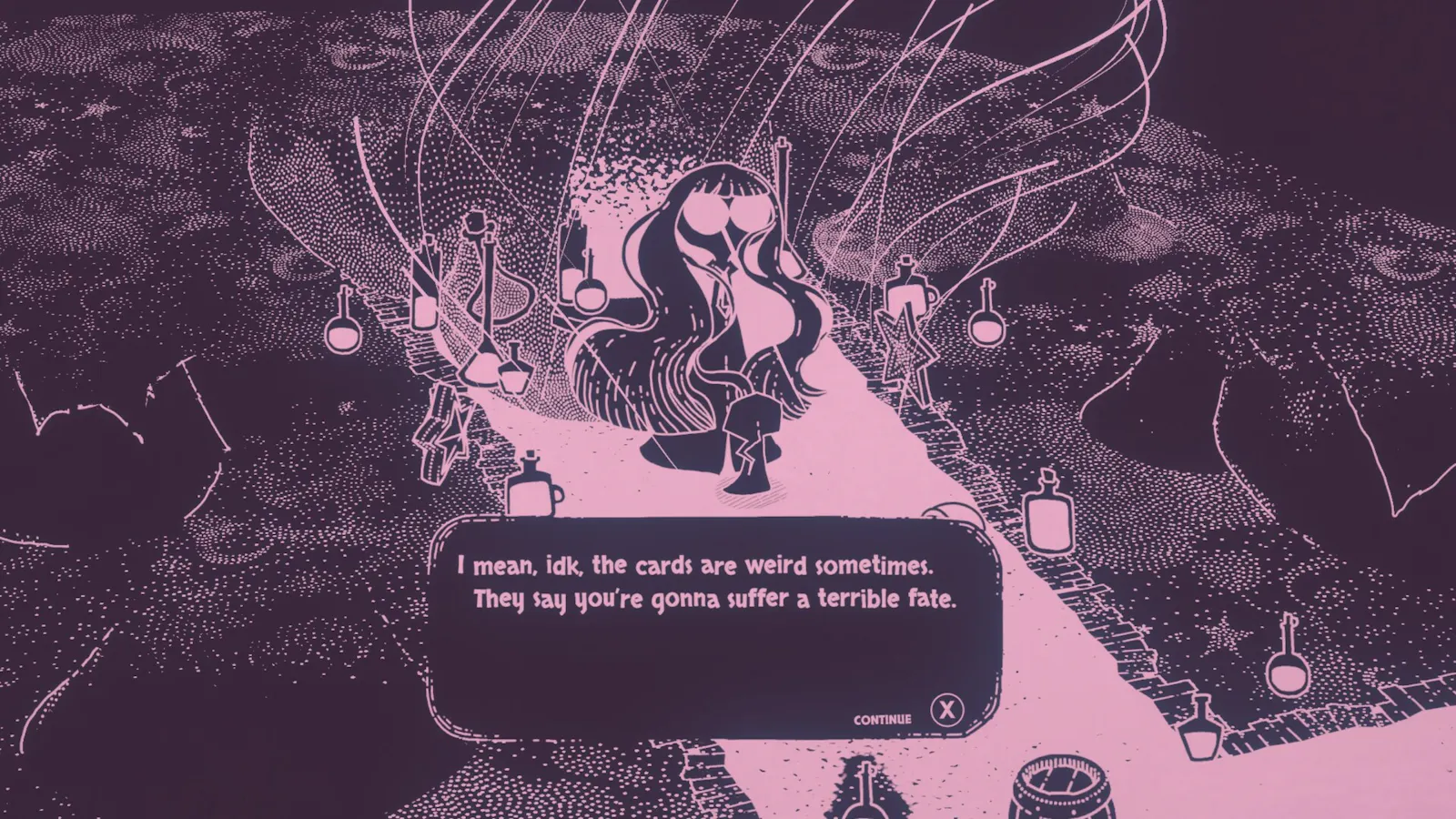 Screenshot Hauntii, ein Medium erklärt, dass die Karten den Tod der Spielfigur vorhersagen, die Spielfigur ist ein Geist