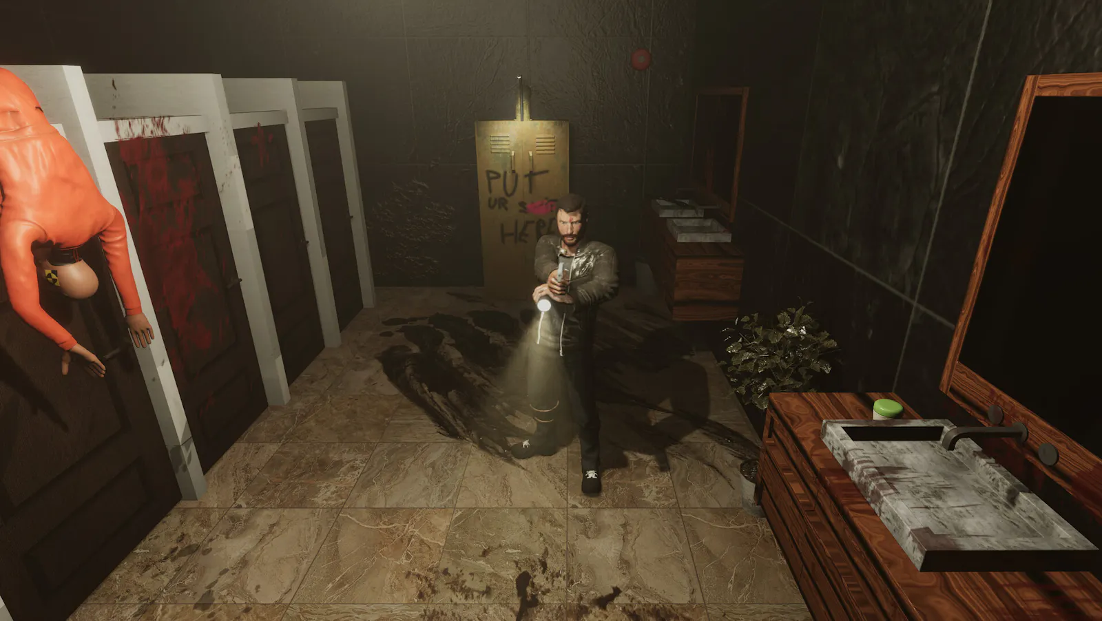 Screenshot The Hotel, ein Mann zielt mit der Pistole auf etwas außerhalb des Bildausschnitts