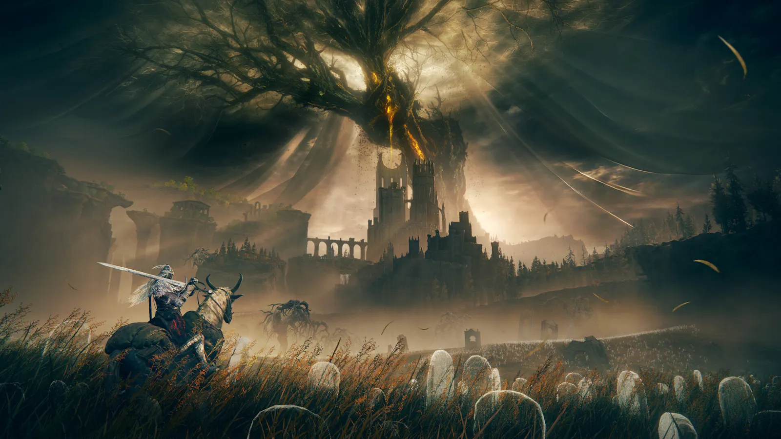 Screenshot Shadow of the Erdtree, ein Reiter mit Schwert in einem Feld voller Grabsteine, im Hintergrund ein dunkles Schloss
