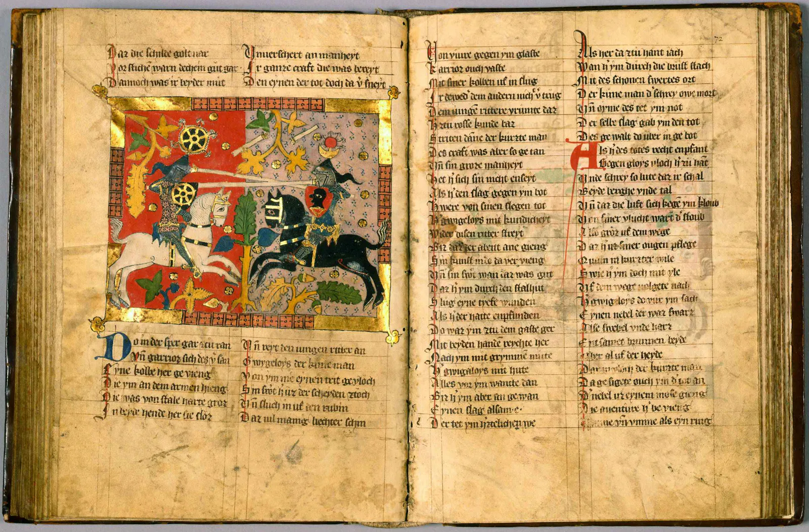 Wigalois (1210-1220) des Wirnt von Grafenberg, ein Artusroman. Auszug aus der Handschrift B (Leiden; 1337), gemeinfrei.