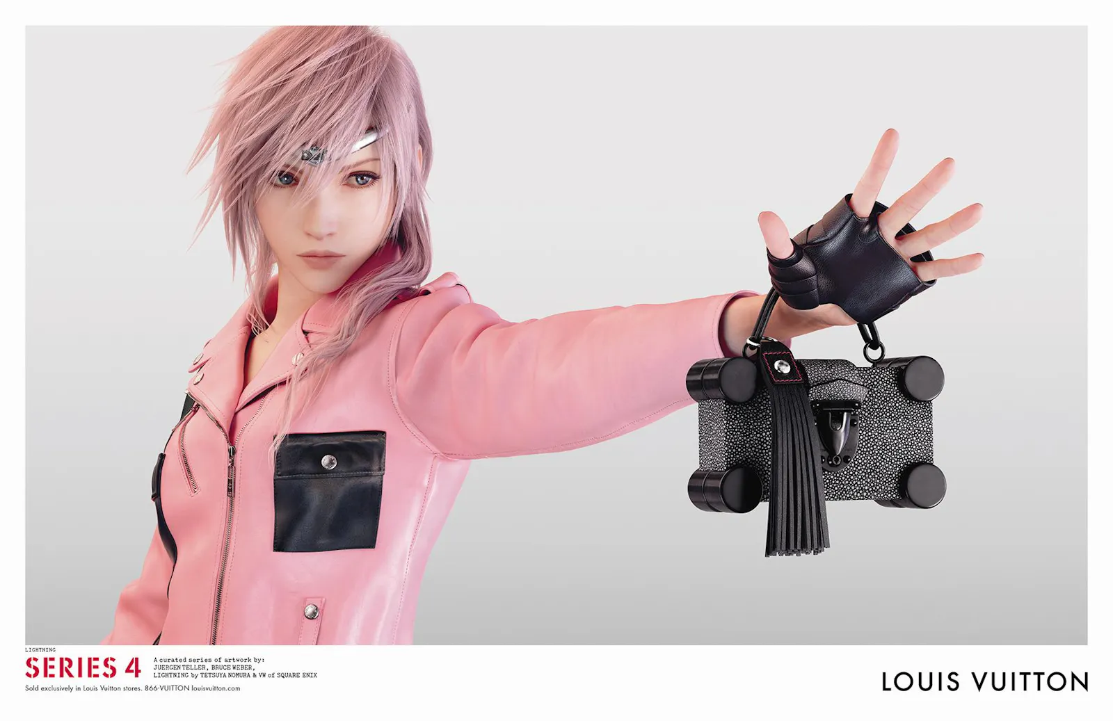 Lightning aus Final Fantasy 13 als Model für Louis Vuitton. Sie trägt eine rosa Jacke und zeigt eine schwarze kleine Handtasche in die Kamera.