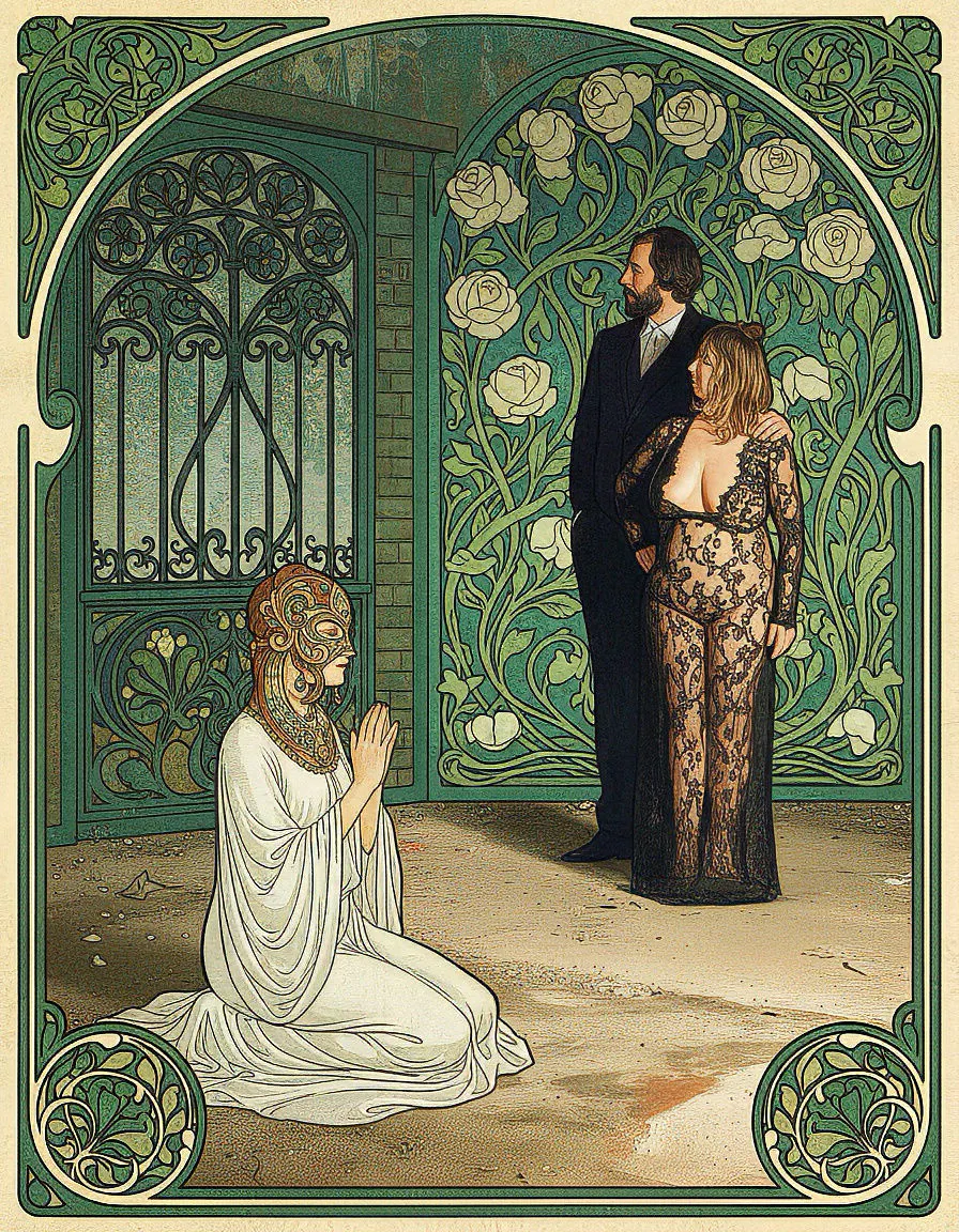 Ein kunstvolles Bild im Jugendstil mit drei Figuren vor einem floralen Hintergrund.