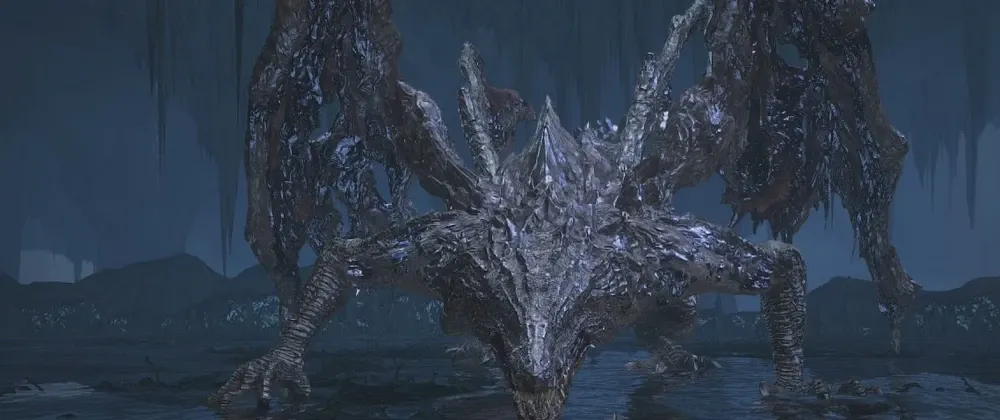 Ein Drache, scharz und riesig.