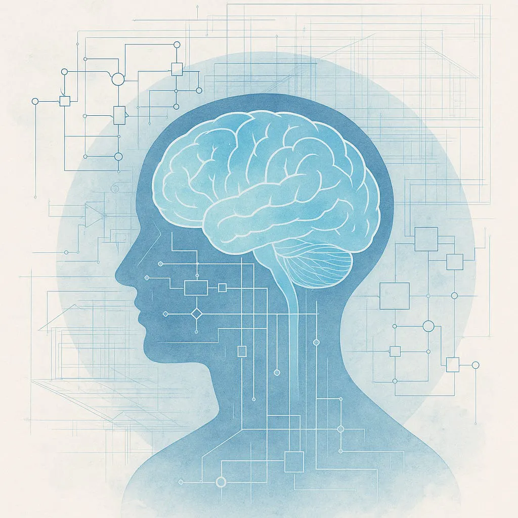 abstract but organic visualisation of the human brain layered inside a translucent human silhouette, with circuits and flow diagrams fading into architectural blueprints