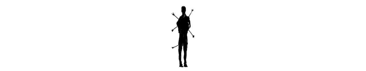 A small illustration of the black silohuette of man pierced by multiple arrows