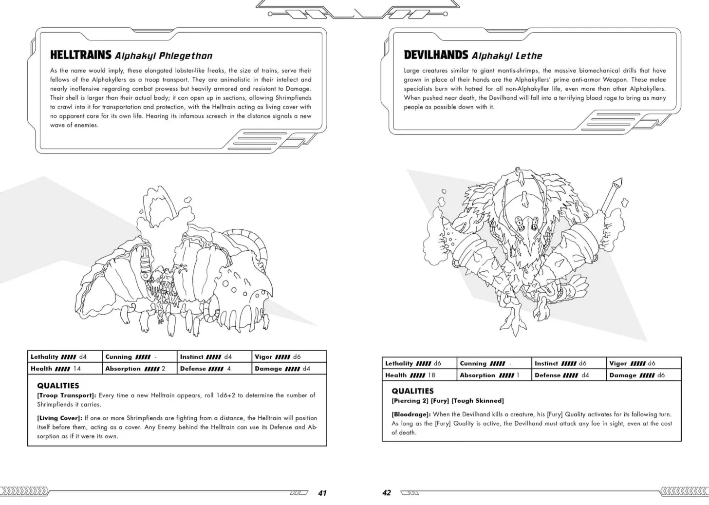 Page spread with two monsters: Helltrains and Devilhands
