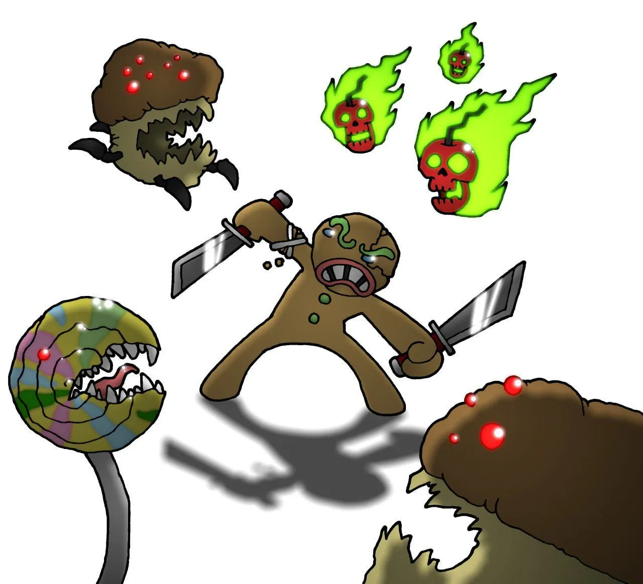 An angry gingerbread man wielding two large knives stands in a fighting pose, surrounded by monstrous sweets: a toothy dark muffin creature, floating green flaming cherry skulls, a carnivorous lollipop with sharp teeth