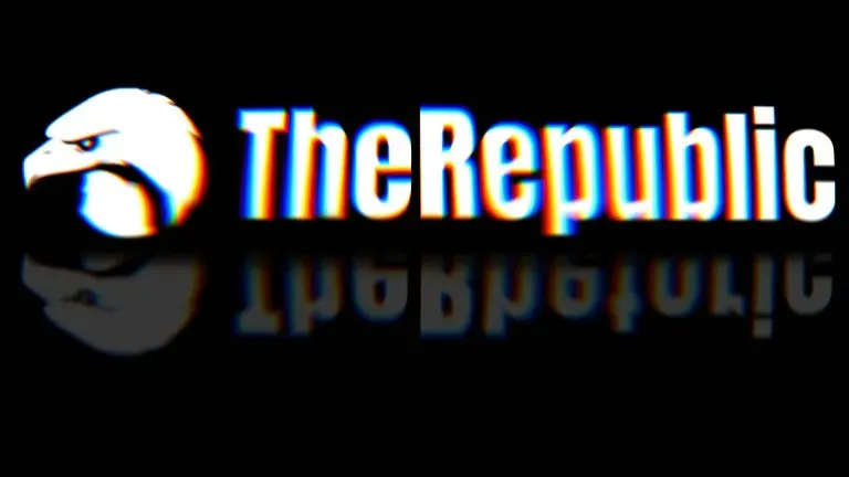 Logo mit weißem aber leicht chromatisch verzerrten Schriftzug von "TheRepublic", die sich auf dem schwarzen Hintergrund spiegelt. In der Spiegelung steht "The Rhetoric". Links das Piktogramm eines Adlerkopfes.