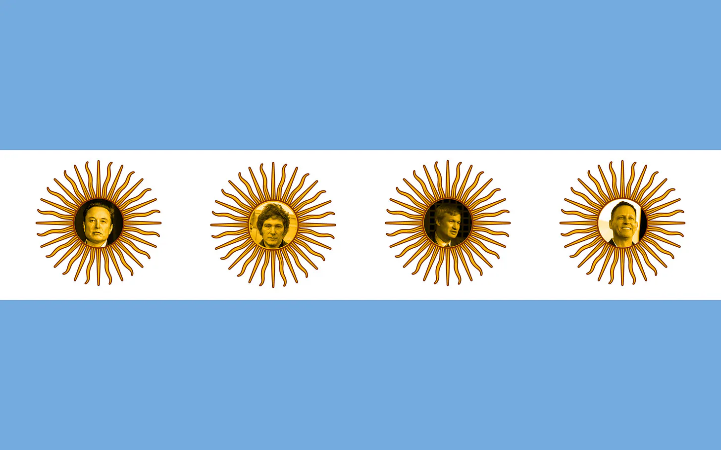 Flagge von Argentinien mit vier Sonnen. In jeder Sonne befindet sich jeweils ein Foto von Elon Musk, Javier Milei, Ulf Poschardt und Peter Thiel.