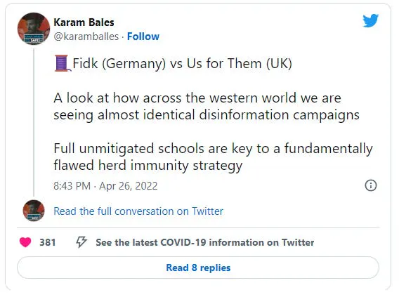 Karam Bales auf Twitter: Emoji eines Fadens. Fidk (Germany) vs Us for Them (UK) A look at how across the western world we are seeing almost identical disinformation campaigns Full unmitigated schools are key to a fundamentally flawed herd immunity strategy