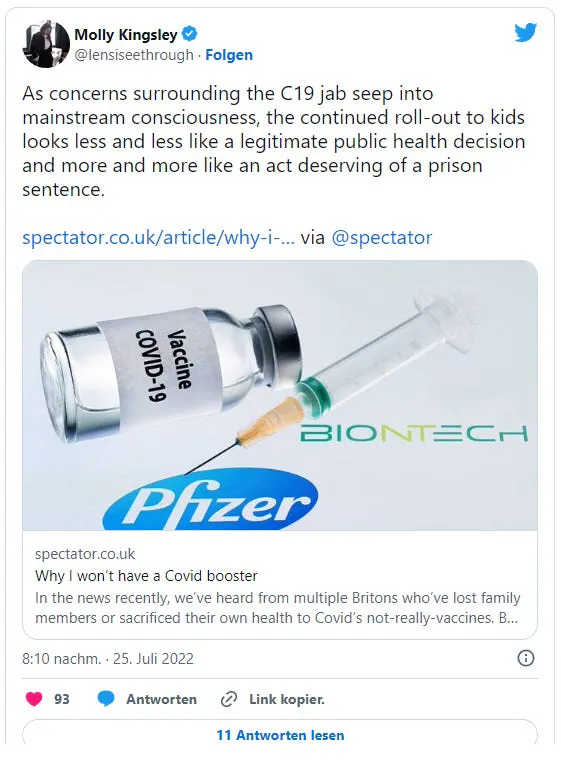 Molley Kingsley auf Twitter: "As concerns surrounding the C19 jab seep into mainstream consciousness, the continued roll-out to kids looks less and less like a legitimate public health decision and more and more like an act deserving of a prison sentence."