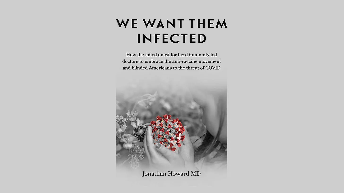 Cover of the Book We Want Them Infected. Gray image of a hand holding a single virus of SARS-CoV-2 with red tips.