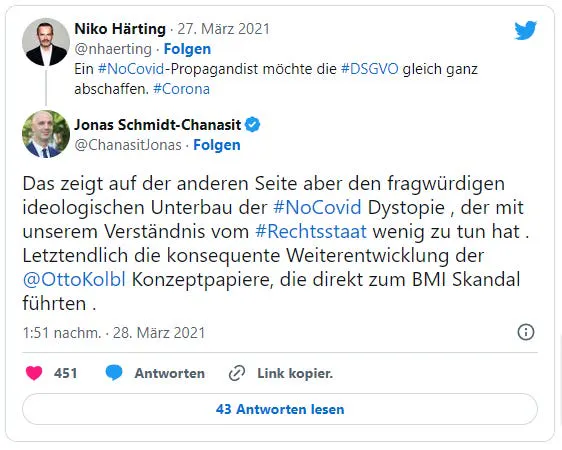 Niko Härting am 27. März 2021 auf X: "Ein #NoCovid-Propagandist möchte die #DSGVO gleich ganz abschaffen. #Corona" Jonas Schmidt-Chanasit antwortet am folgenden Tag: "Das zeigt auf der anderen Seite aber den fragwürdigen ideologischen Unterbau der #NoCovid Dystopie , der mit unserem Verständnis vom #Rechtsstaat wenig zu tun hat . Letztendlich die konsequente Weiterentwicklung der @OttoKolbl Konzeptpapiere, die direkt zum BMI Skandal führten ."