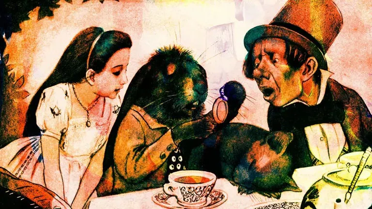 Bild aus "Alice im Wunderland". Alice, ein Hase und der verrückte Hutmacher sitzen an einem Tisch mit Tee und einer schlafenden Katze. Zeichnung.