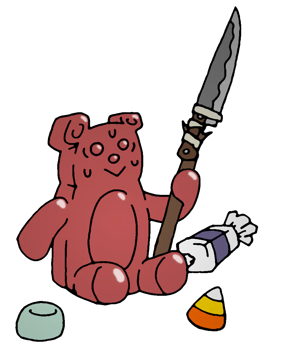 A red gummy bear sitting on the ground holding a makeshift spear made from a knife blade lashed to a stick, with a piece of candy corn, a green gumdrop, and a wrapped candy scattered nearby.