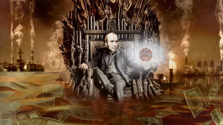 John Snow sits in a black suit on a throne reminiscent of Game of Thrones. He holds a glowing SARS-CoV-2 virus in his hands. The throne sits in dirty brown water, with banknotes floating in it. Factory chimneys can be seen in the background.