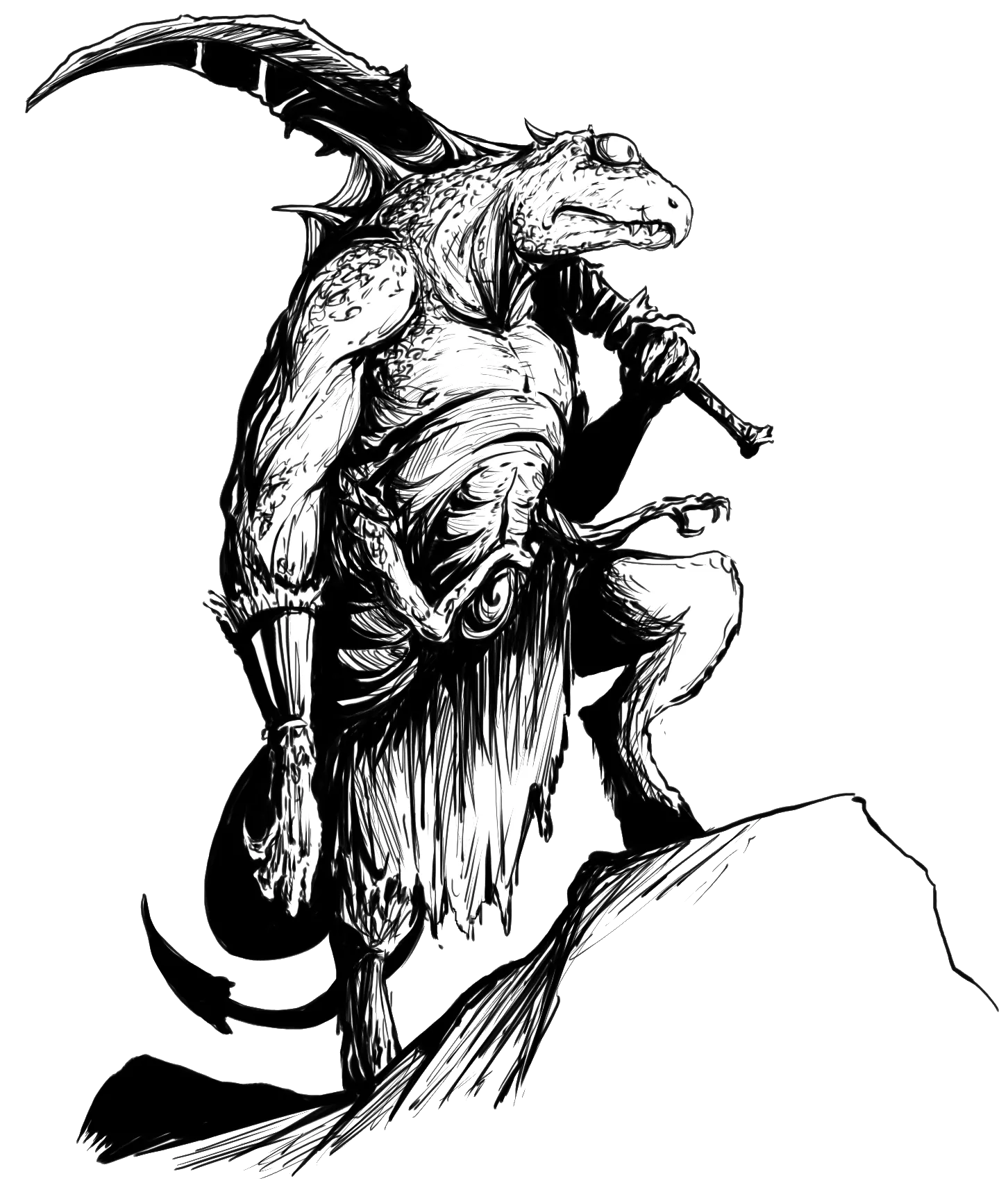 The illustration of a Zol'diir, a lizard-like monster with a single eye and four arms. It is wielding a crude giant curved sword.